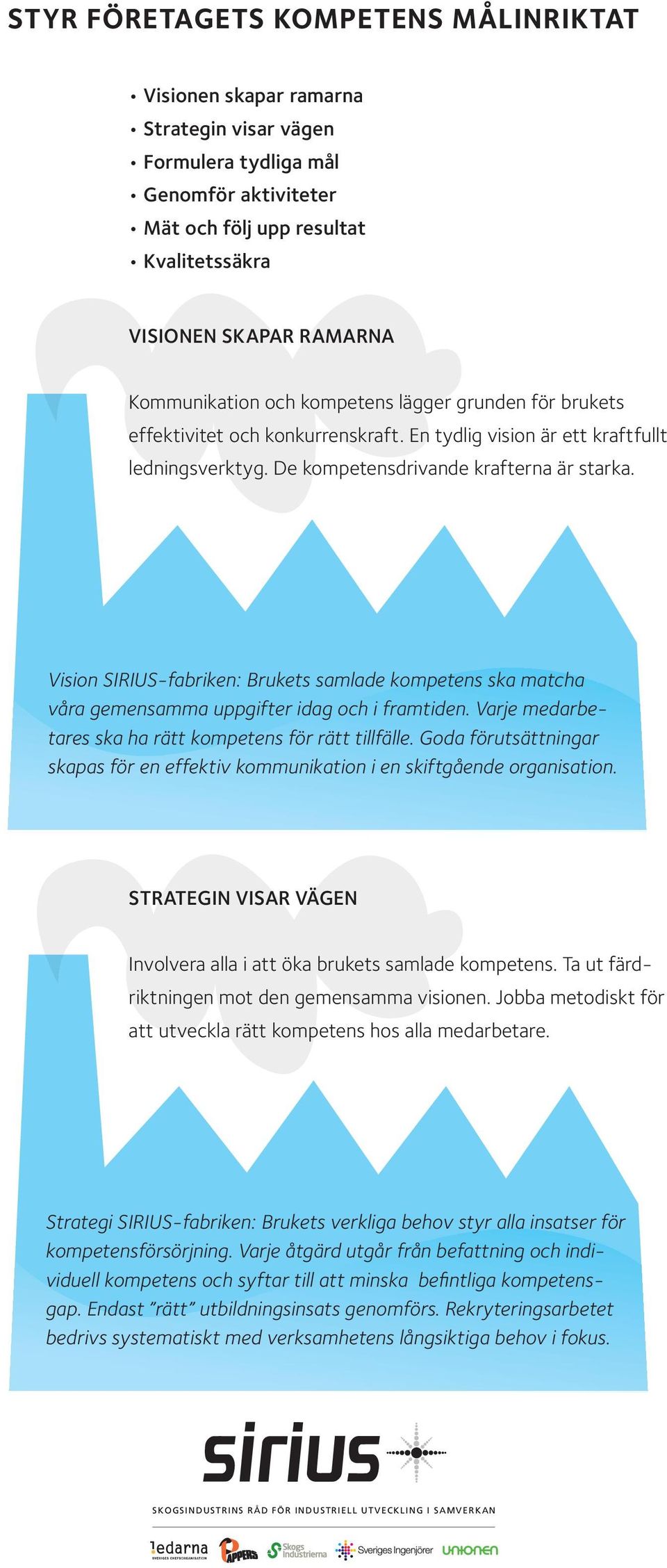 Vision SIRIUS-fabriken: Brukets samlade kompetens ska matcha våra gemensamma uppgifter idag och i framtiden. Varje medarbetares ska ha rätt kompetens för rätt tillfälle.