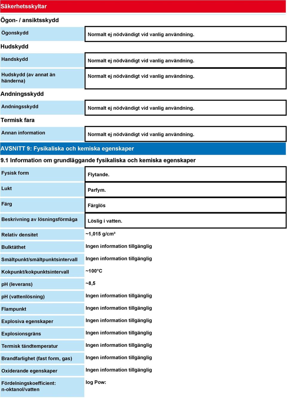 AVSNITT 9: Fysikaliska och kemiska egenskaper 9.