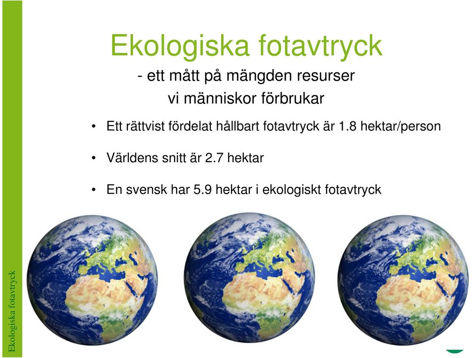 fotavtryck är 1.8 hektar/person Världens snitt är 2.