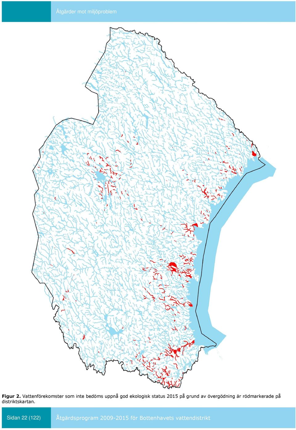 status 2015 på grund av övergödning är rödmarkerade på