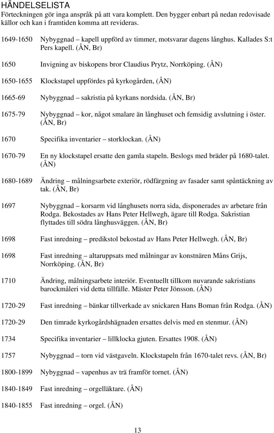 (ÅN) 1650-1655 Klockstapel uppfördes på kyrkogården, (ÅN) 1665-69 Nybyggnad sakristia på kyrkans nordsida. (ÅN, Br) 1675-79 Nybyggnad kor, något smalare än långhuset och femsidig avslutning i öster.