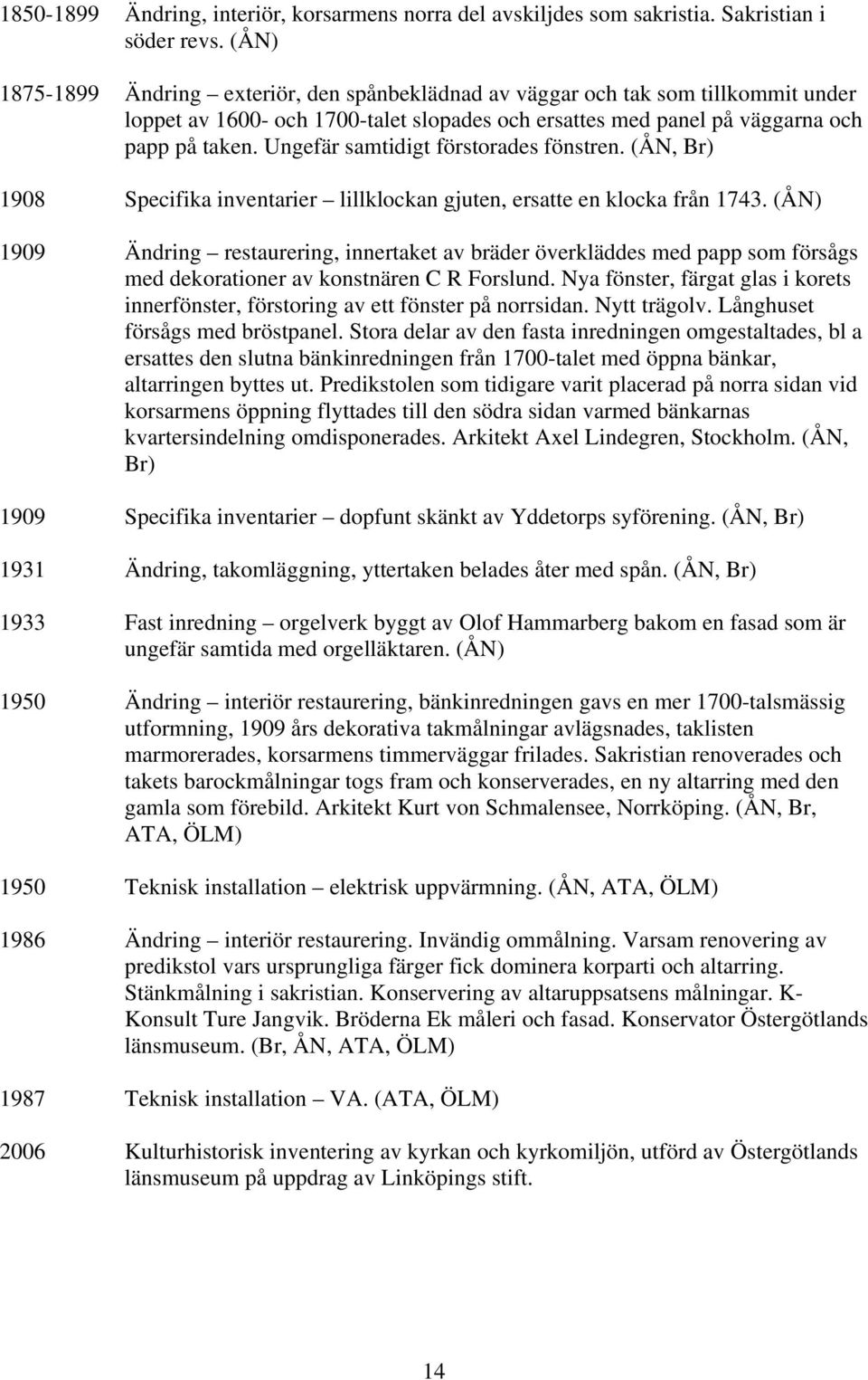 Ungefär samtidigt förstorades fönstren. (ÅN, Br) 1908 Specifika inventarier lillklockan gjuten, ersatte en klocka från 1743.