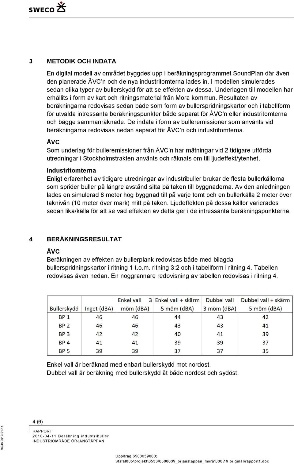 Resultaten av beräkningarna redovisas sedan både so for av bullerspridningskartor och i tabellfor för utvalda intressanta beräkningspunkter både separat för ÅVC n eller industritoterna och bägge