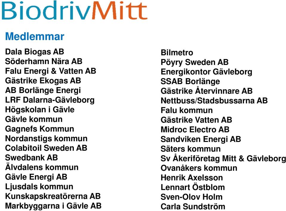 Markbyggarna i Gävle AB Bilmetro Pöyry Sweden AB Energikontor Gävleborg SSAB Borlänge Gästrike Återvinnare AB Nettbuss/Stadsbussarna AB Falu kommun Gästrike