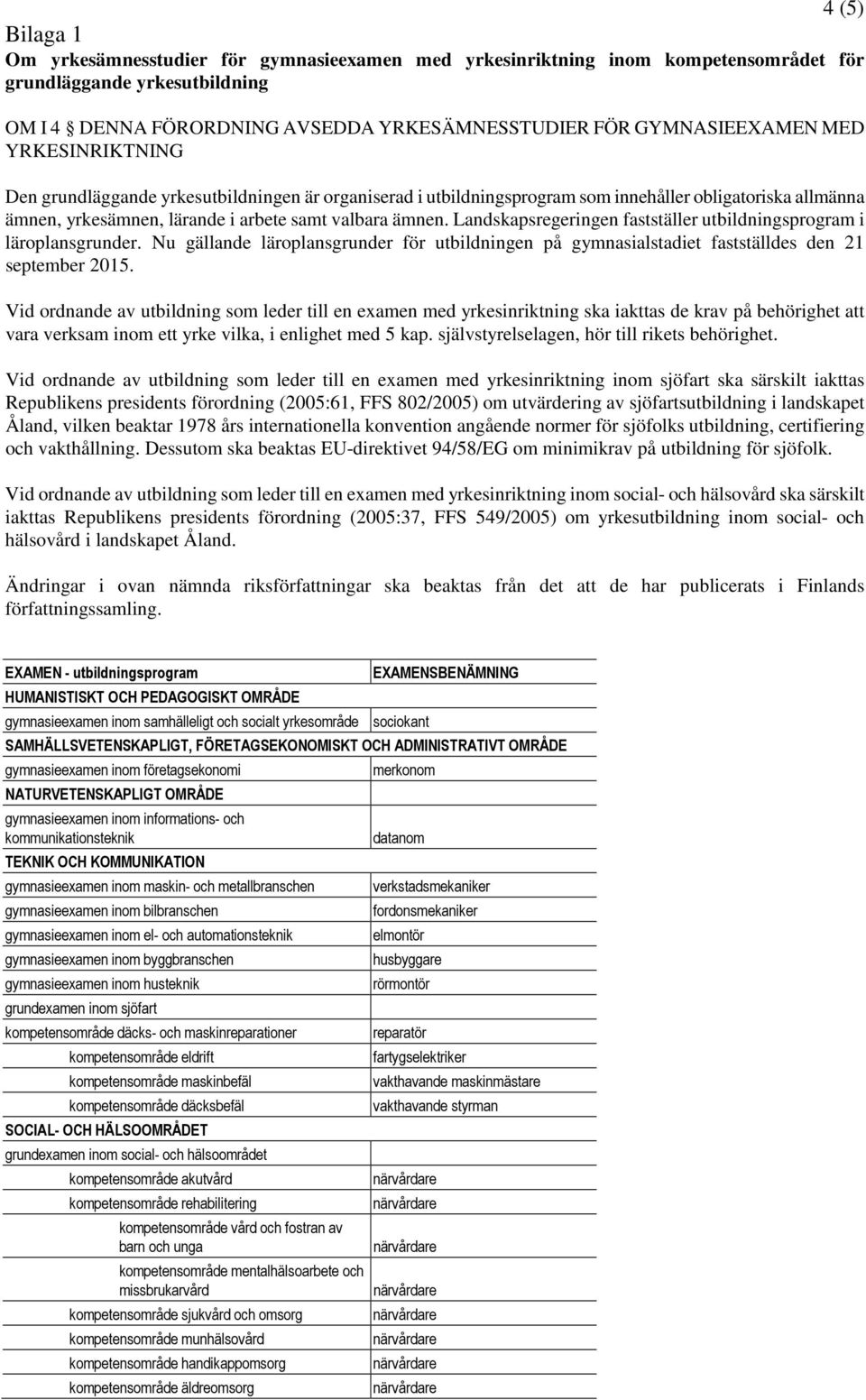 Landskapsregeringen fastställer utbildningsprogram i läroplansgrunder. Nu gällande läroplansgrunder för utbildningen på gymnasialstadiet fastställdes den 21 september 2015.