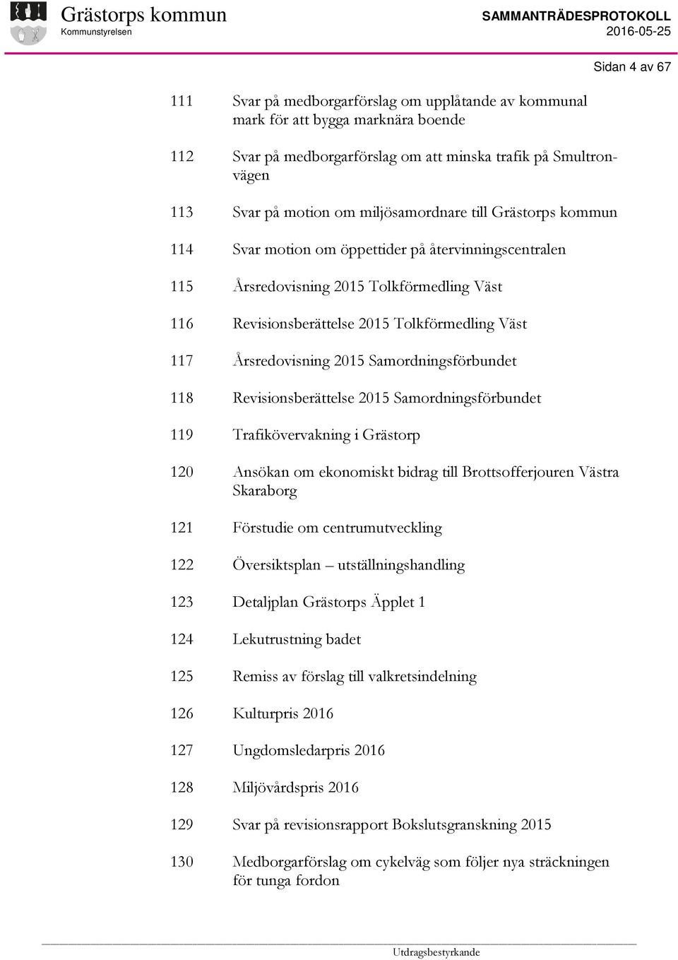 Väst Revisionsberättelse 2015 Tolkförmedling Väst Årsredovisning 2015 Samordningsförbundet Revisionsberättelse 2015 Samordningsförbundet Trafikövervakning i Grästorp Ansökan om ekonomiskt bidrag till