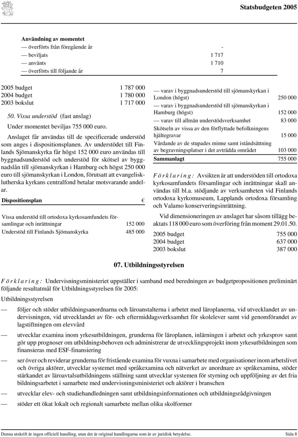 Av understödet till Finlands Sjömanskyrka får högst 152 000 euro användas till byggnadsunderstöd och understöd för skötsel av byggnadslån till sjömanskyrkan i Hamburg och högst 250 000 euro till