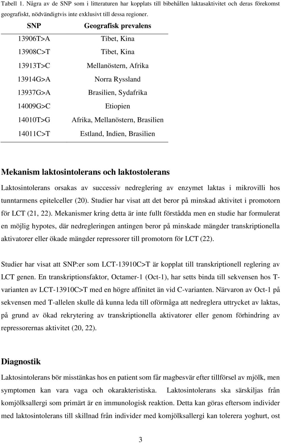 Brasilien 14011C>T Estland, Indien, Brasilien Mekanism laktosintolerans och laktostolerans Laktosintolerans orsakas av successiv nedreglering av enzymet laktas i mikrovilli hos tunntarmens