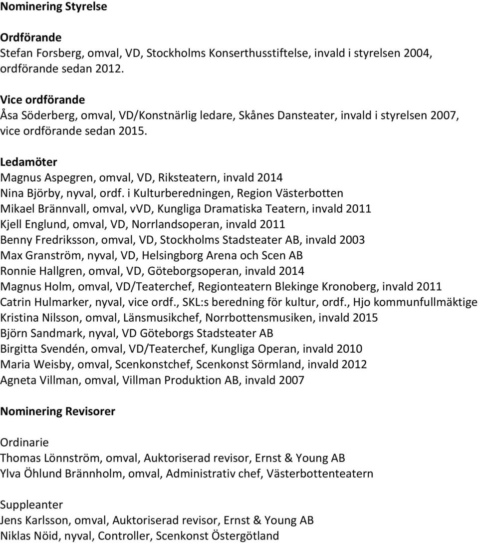 Ledamöter Magnus Aspegren, omval, VD, Riksteatern, invald 2014 Nina Björby, nyval, ordf.