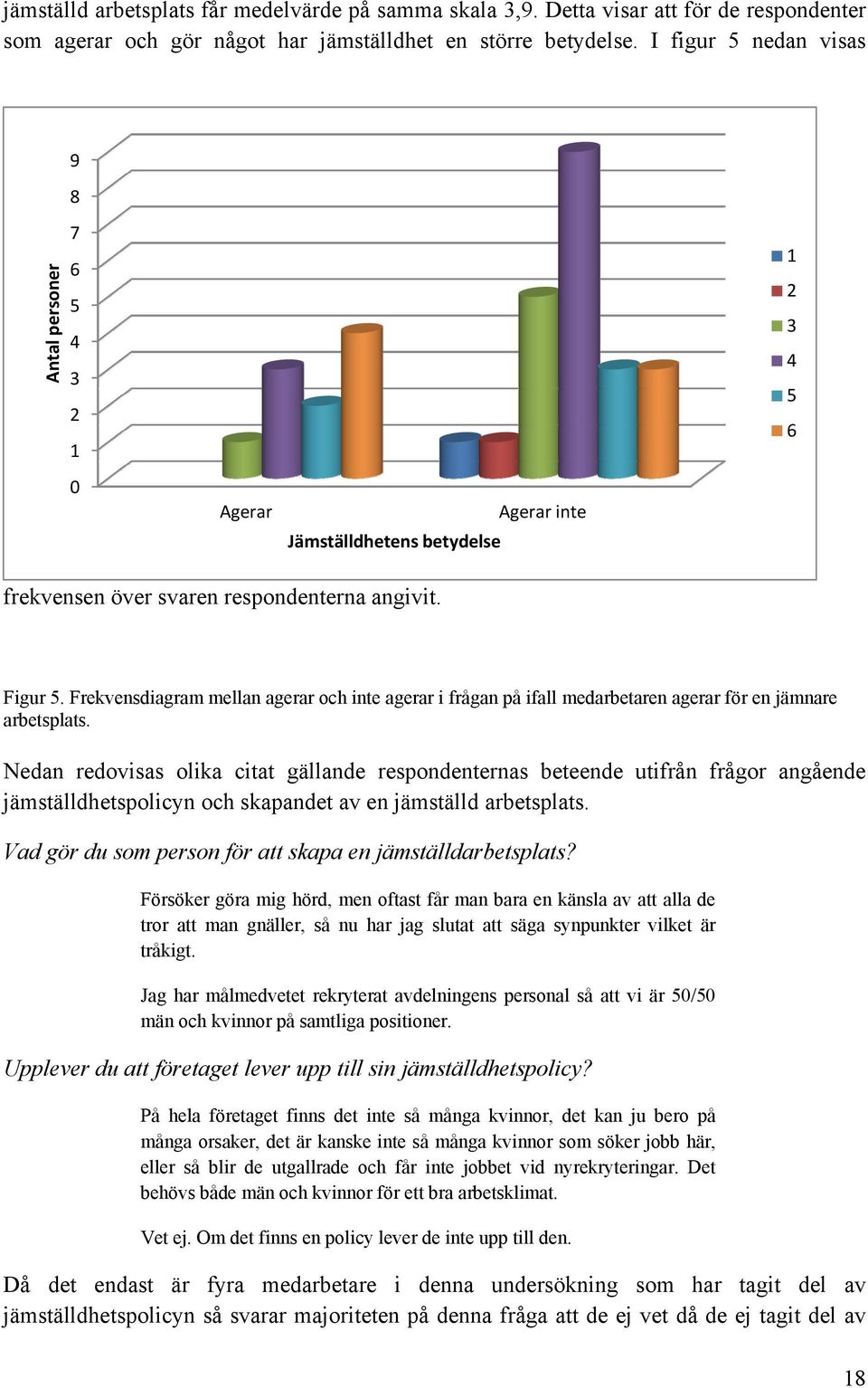 Frekvensdiagram mellan agerar och inte agerar i frågan på ifall medarbetaren agerar för en jämnare arbetsplats.