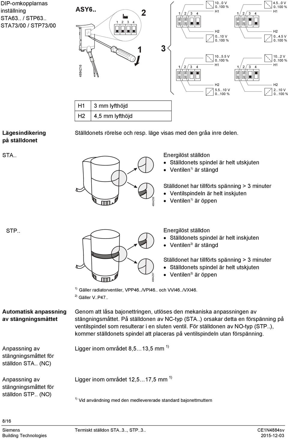 Energilöst ställdon Ställdonets spindel är helt utskjuten Ventilen 1) är stängd 4884Z06 Ställdonet har tillförts spänning > 3 minuter Ventilspindeln är helt inskjuten Ventilen 1) är öppen STP.