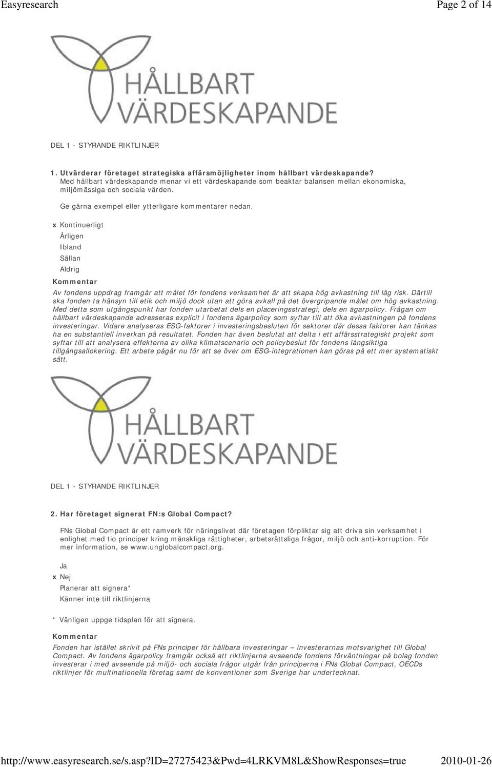 Kontinuerligt Årligen Ibland Sällan Aldrig Av fondens uppdrag framgår att målet för fondens verksamhet är att skapa hög avkastning till låg risk.