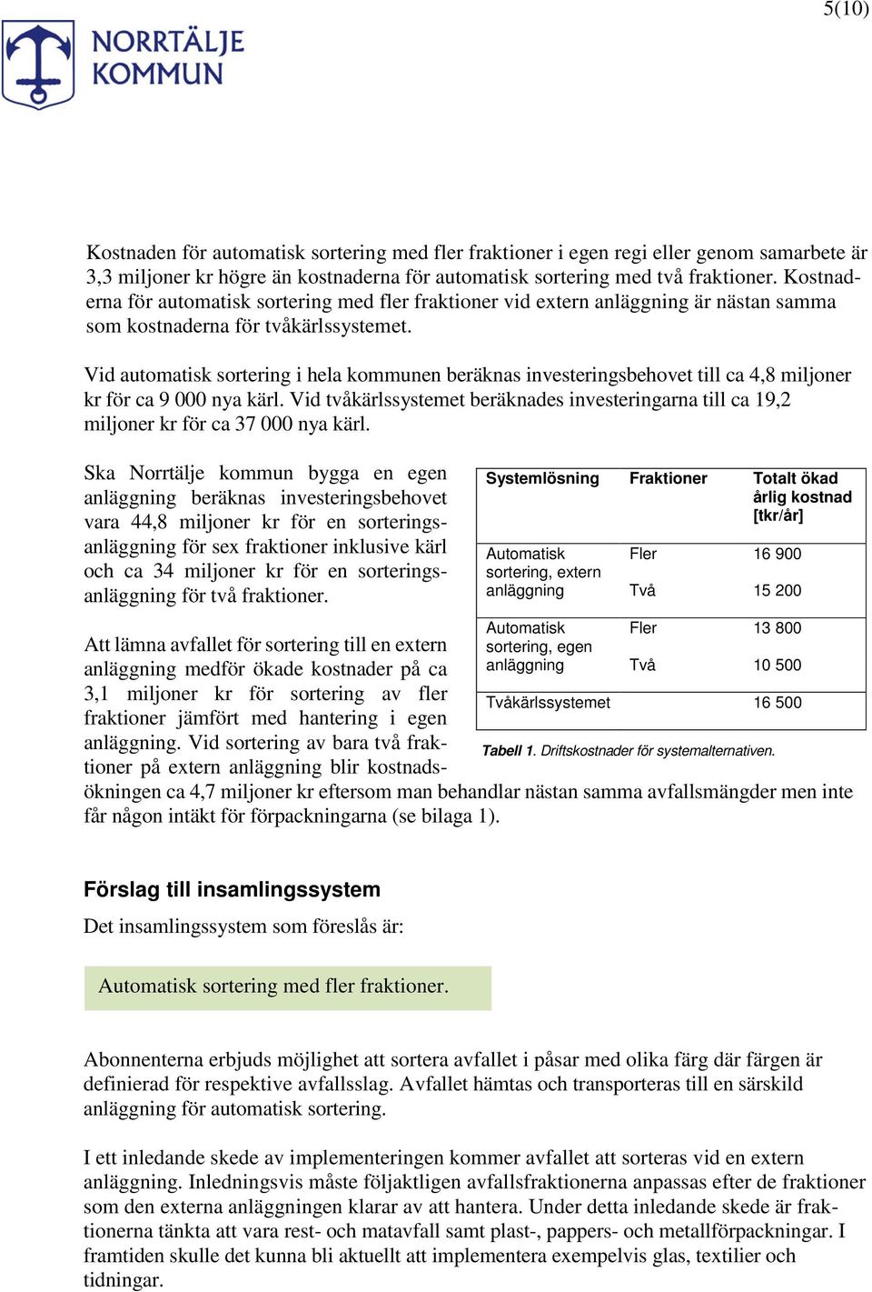 Vid automatisk sortering i hela kommunen beräknas investeringsbehovet till ca 4,8 miljoner kr för ca 9 000 nya kärl.