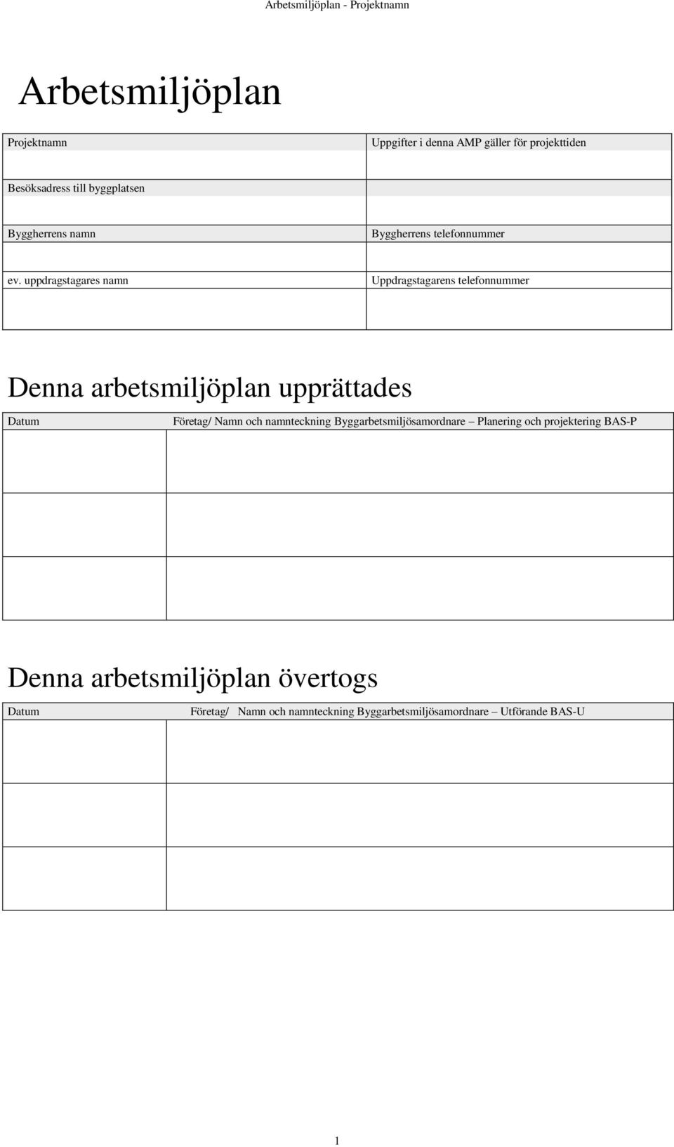 uppdragstagares namn Uppdragstagarens telefonnummer Denna arbetsmiljöplan upprättades Datum Företag/ Namn och