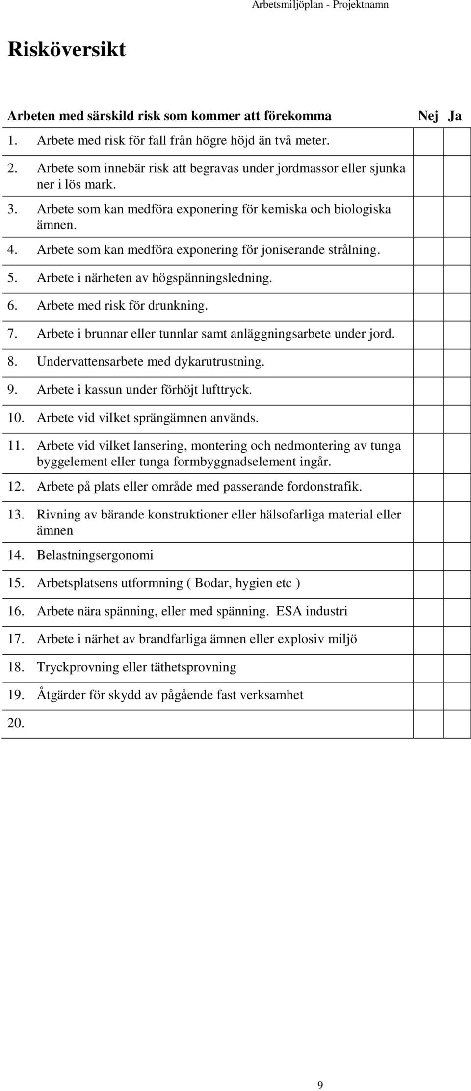 Arbete som kan medföra exponering för joniserande strålning. 5. Arbete i närheten av högspänningsledning. 6. Arbete med risk för drunkning. 7.