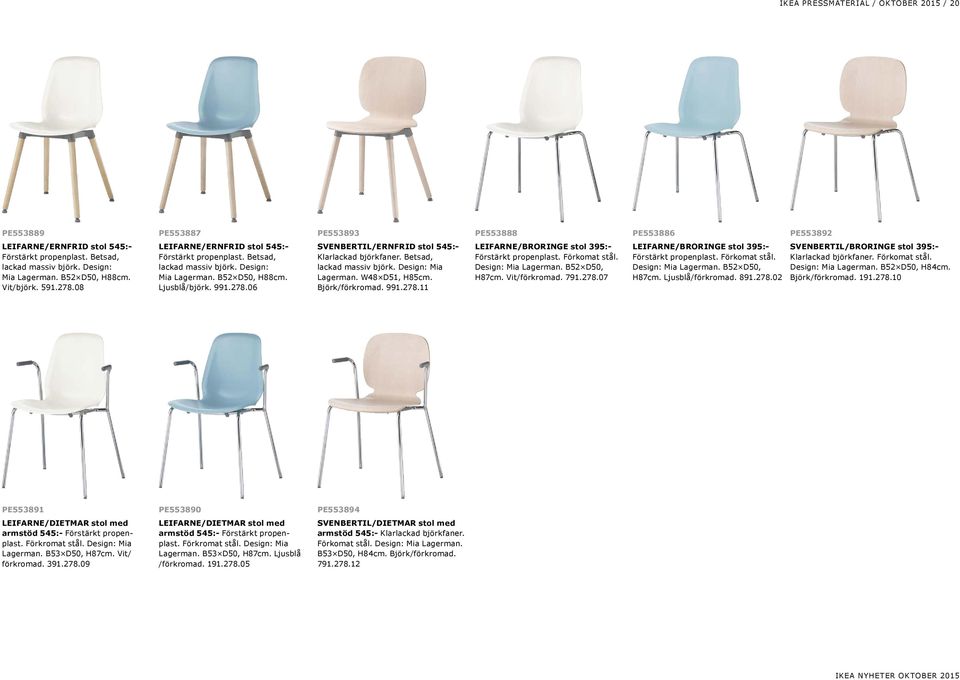 Betsad, lackad massiv björk. Design: Mia Lagerman. W48 D51, H85cm. Björk/förkromad. 991.278.11 LEIFARNE/BRORINGE stol 395:- Förstärkt propenplast. Förkomat stål. Design: Mia Lagerman. B52 D50, H87cm.