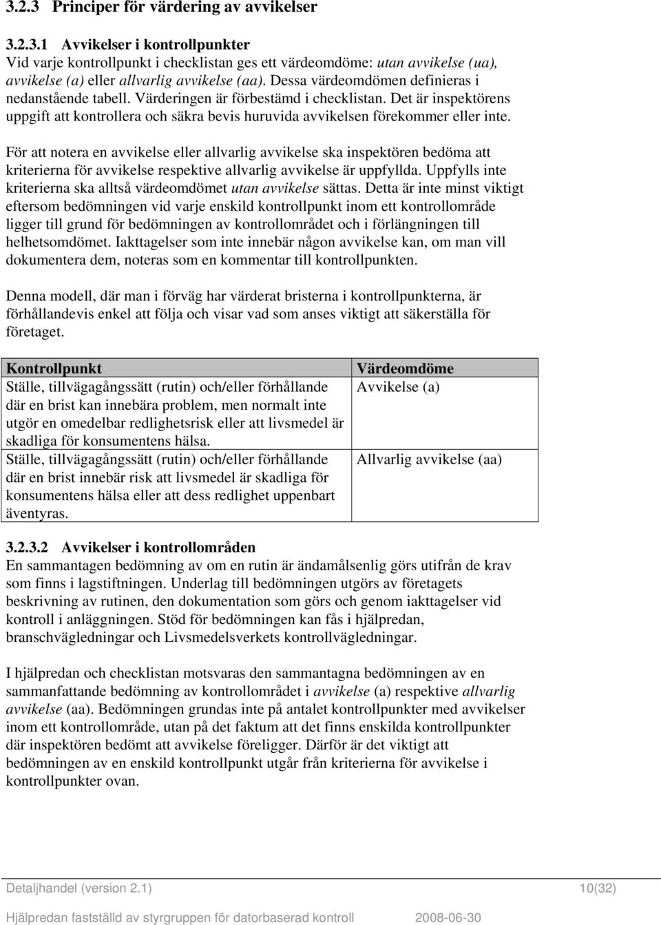 För att notera en avvikelse eller allvarlig avvikelse ska inspektören bedöma att kriterierna för avvikelse respektive allvarlig avvikelse är uppfyllda.