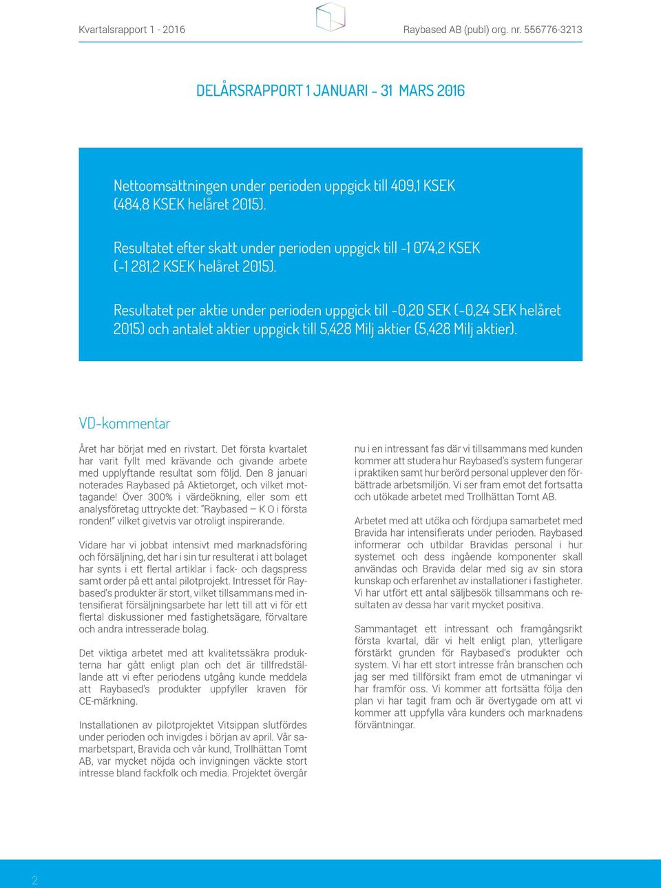 Resultatet per aktie under perioden uppgick till -0,20 SEK (-0,24 SEK helåret 2015) och antalet aktier uppgick till 5,428 Milj aktier (5,428 Milj aktier). VD-kommentar Året har börjat med en rivstart.