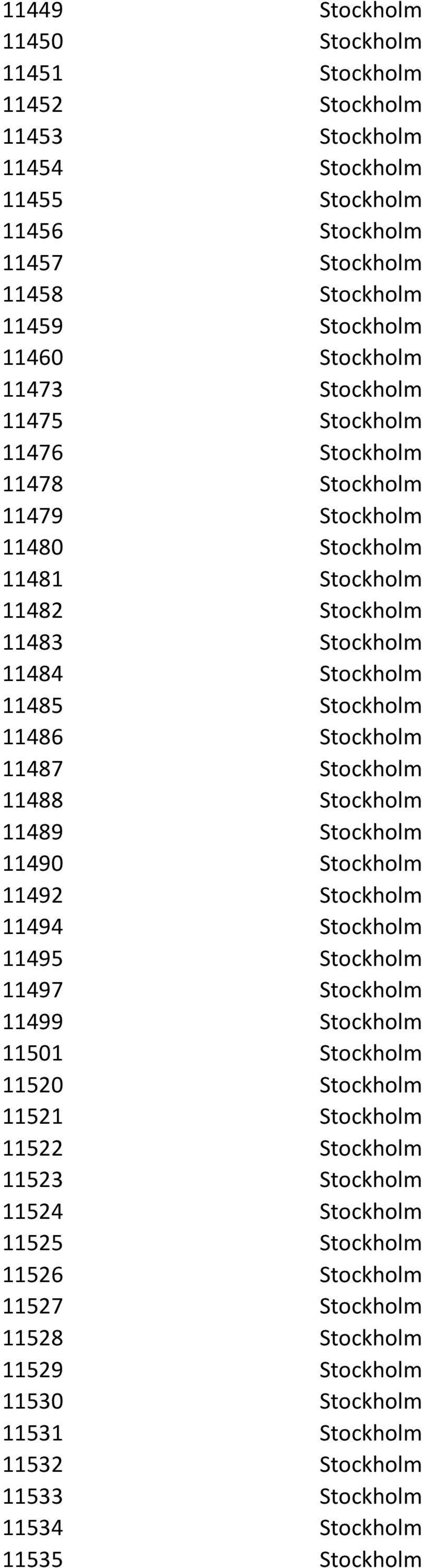 Stockholm 11488 Stockholm 11489 Stockholm 11490 Stockholm 11492 Stockholm 11494 Stockholm 11495 Stockholm 11497 Stockholm 11499 Stockholm 11501 Stockholm 11520 Stockholm 11521 Stockholm 11522