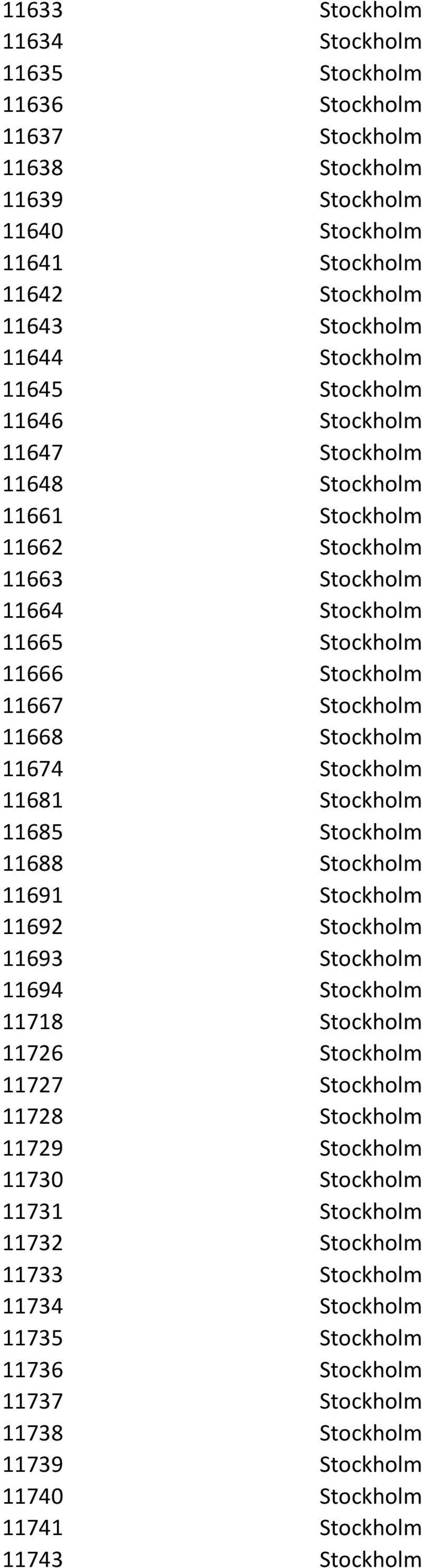 Stockholm 11681 Stockholm 11685 Stockholm 11688 Stockholm 11691 Stockholm 11692 Stockholm 11693 Stockholm 11694 Stockholm 11718 Stockholm 11726 Stockholm 11727 Stockholm 11728 Stockholm 11729