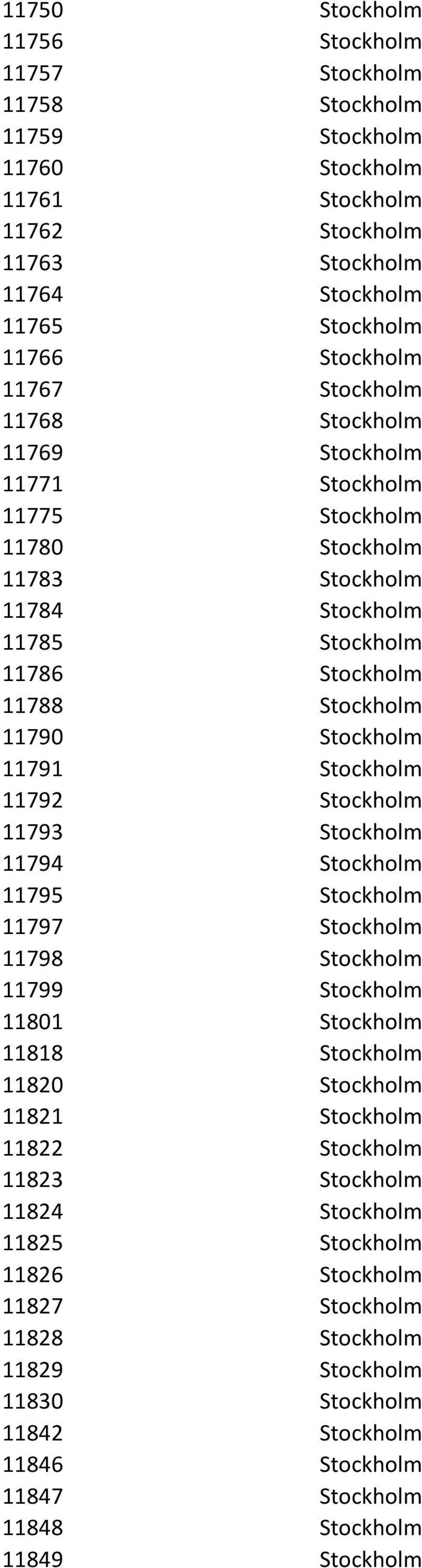 Stockholm 11792 Stockholm 11793 Stockholm 11794 Stockholm 11795 Stockholm 11797 Stockholm 11798 Stockholm 11799 Stockholm 11801 Stockholm 11818 Stockholm 11820 Stockholm 11821 Stockholm 11822