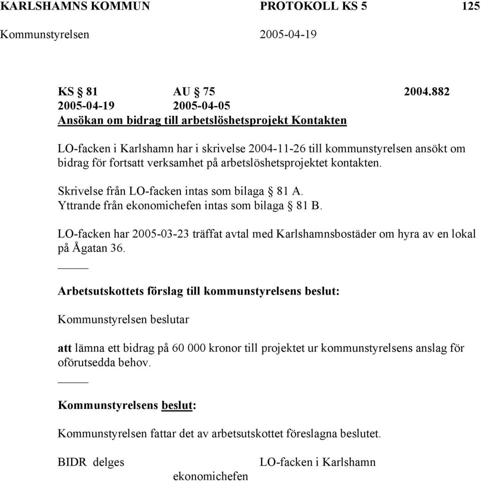 arbetslöshetsprojektet kontakten. Skrivelse från LO-facken intas som bilaga 81 A. Yttrande från ekonomichefen intas som bilaga 81 B.