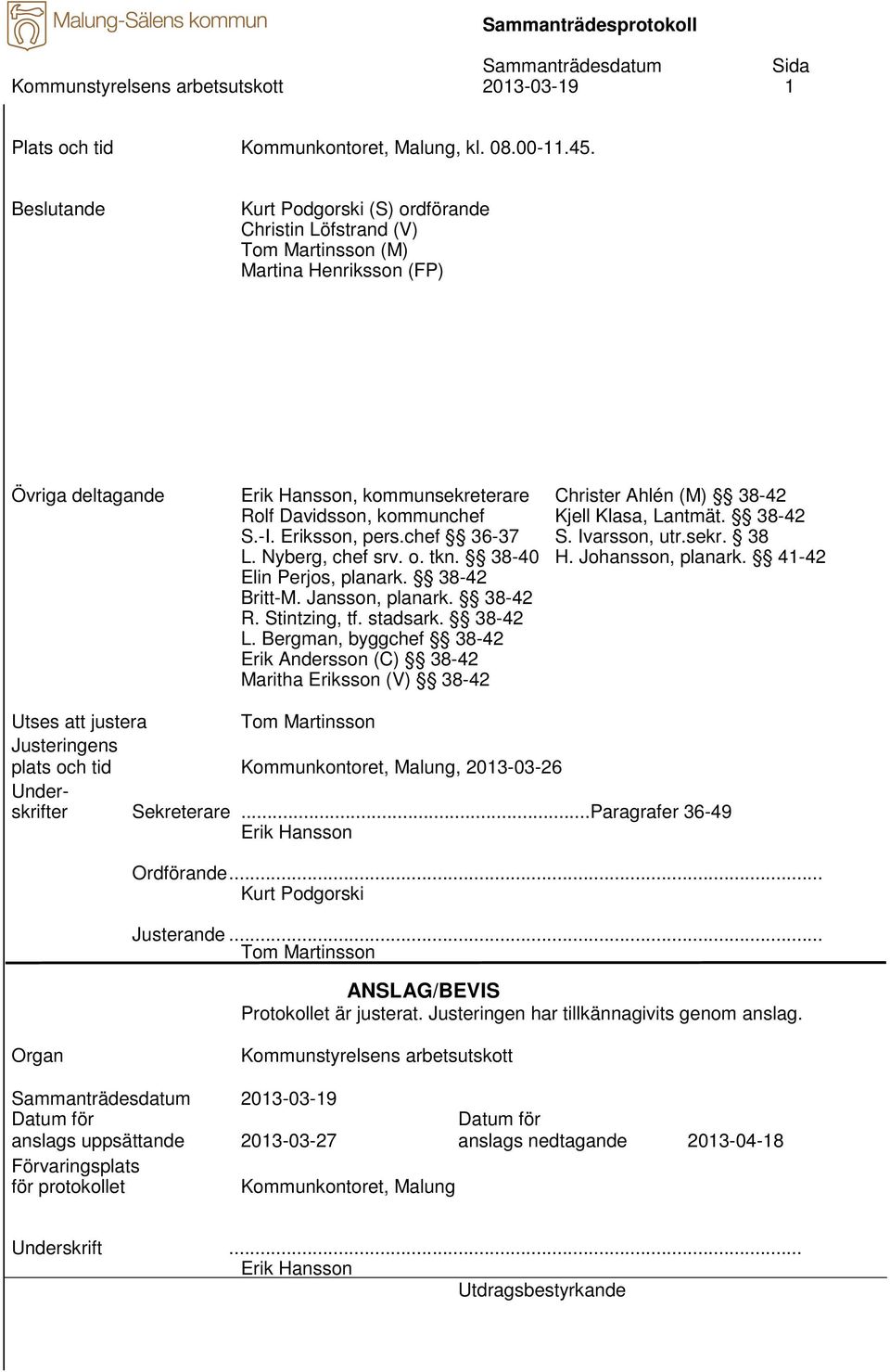kommunchef Kjell Klasa, Lantmät. 38-42 S.-I. Eriksson, pers.chef 36-37 S. Ivarsson, utr.sekr. 38 L. Nyberg, chef srv. o. tkn. 38-40 H. Johansson, planark. 41-42 Elin Perjos, planark. 38-42 Britt-M.