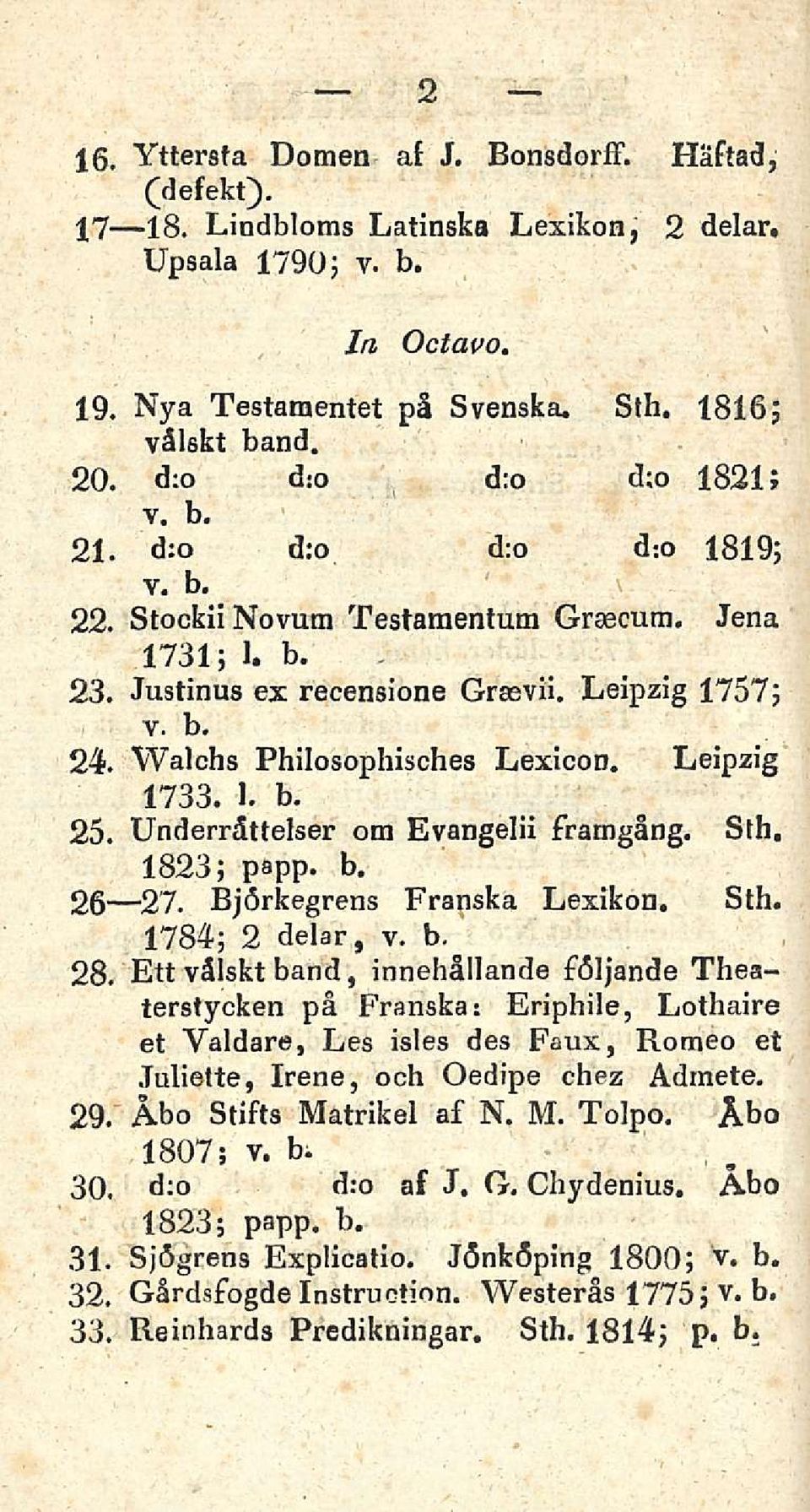 Walchs Philosophisches Lexicon. Leipzig 1733. I. b. 25. Underråttelser om Evangelii fratngång. Sth. 1823; papp. b. 26 27. Björkegrens Franska Lexikon. Sth. 1784; 2 delar, v. b.^ 28.