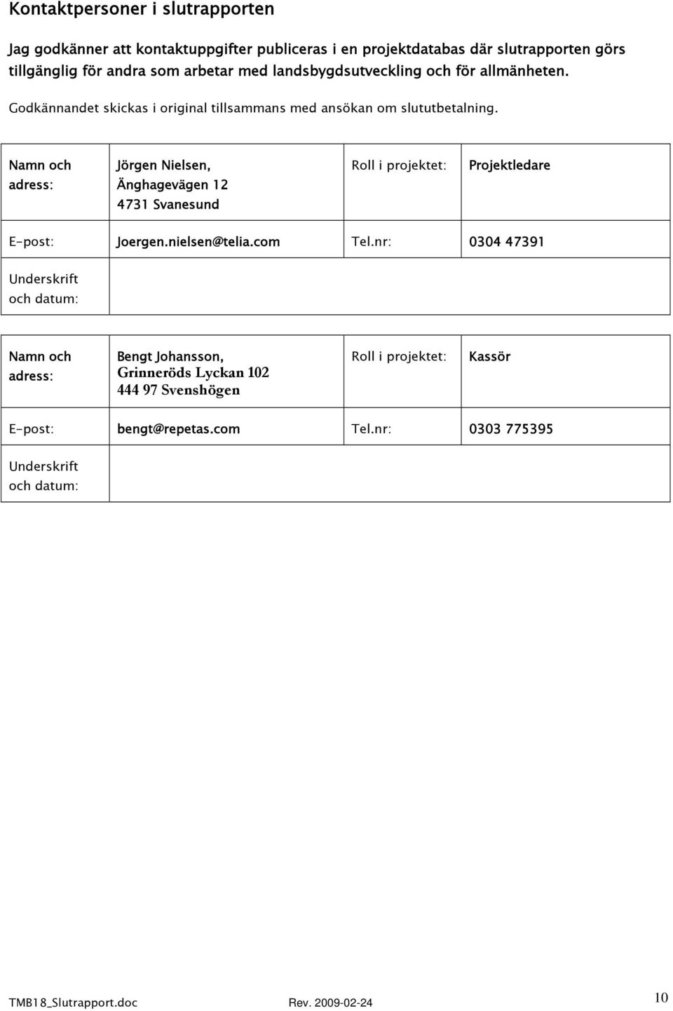 Namn och adress: Jörgen Nielsen, Änghagevägen 12 4731 Svanesund Roll i projektet: Projektledare E-post: Joergen.nielsen@telia.com Tel.