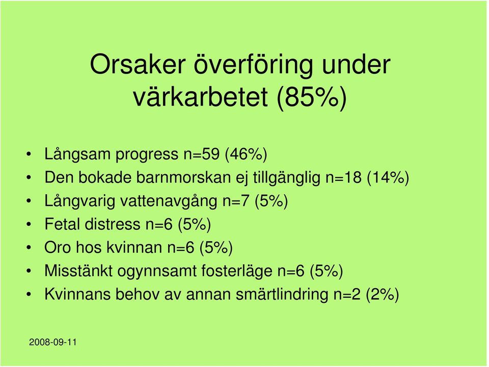 n=7 (5%) Fetal distress n=6 (5%) Oro hos kvinnan n=6 (5%) Misstänkt