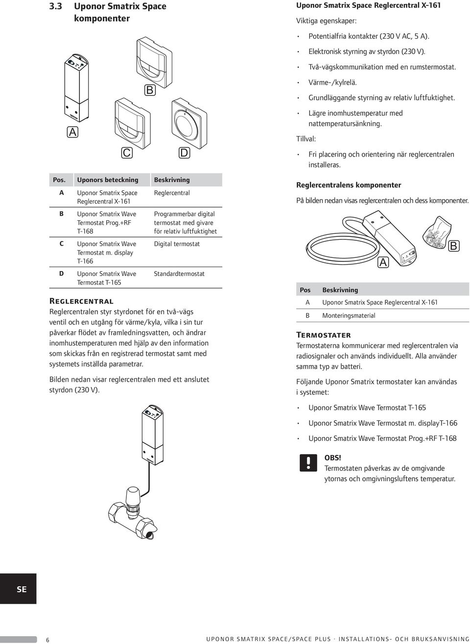 display T 166 Uponor Smatrix Wave Termostat T 165 Reglercentral Programmerbar digital termostat med givare för relativ luftfuktighet Digital termostat Standardtermostat Reglercentral Reglercentralen