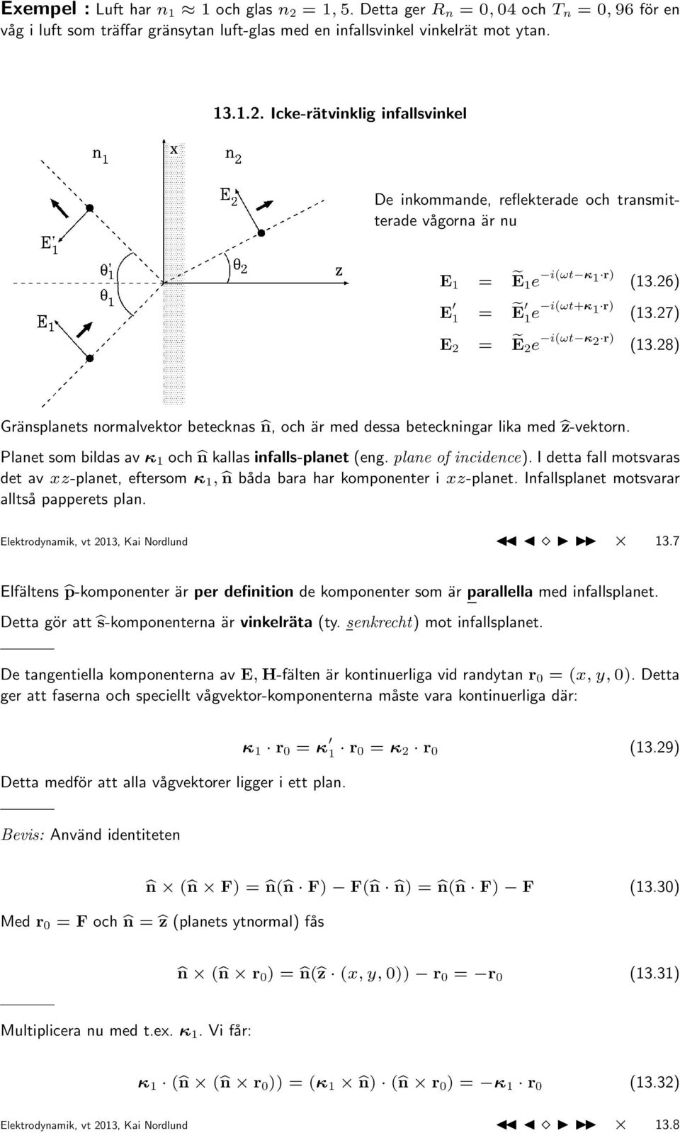 Planet som bildas av κ 1 och n kallas infalls-planet (eng. plane of incidence). I detta fall motsvaras det av xz-planet, eftersom κ 1, n båda bara har komponenter i xz-planet.