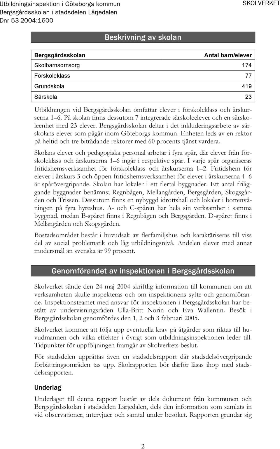 Bergsgårdsskolan deltar i det inkluderingsarbete av särskolans elever som pågår inom Göteborgs kommun. Enheten leds av en rektor på heltid och tre biträdande rektorer med 60 procents tjänst vardera.