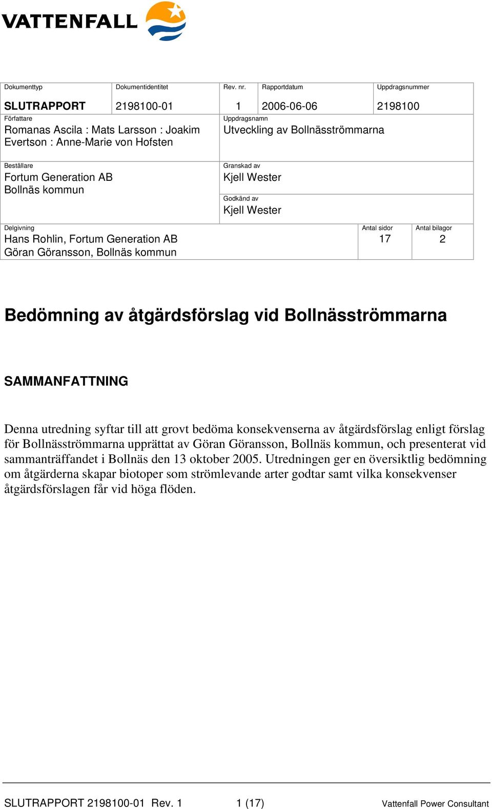 Hofsten Beställare Fortum Generation AB Bollnäs kommun Granskad av Kjell Wester Godkänd av Kjell Wester Delgivning Antal sidor Antal bilagor Hans Rohlin, Fortum Generation AB Göran Göransson, Bollnäs