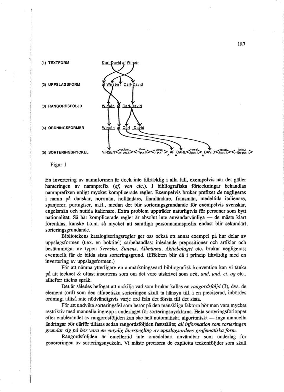 Exempelvis brukar prefixet de negligeras i namn på danskar, norrmän, holländare, flamländare, fransmän, medeltida italienare, spanjorer, portugiser, m.fl., medan det blir sorteringsgrundande för exempelvis svenskar, engelsmän och nutida italienare.