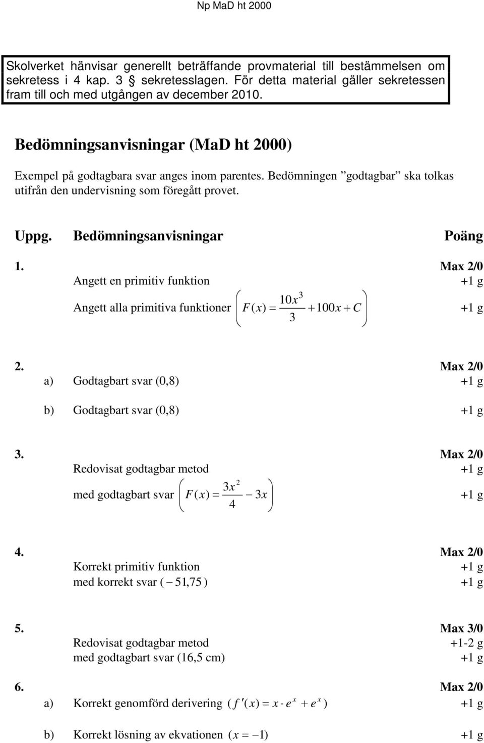 Max /0 Angett en primitiv funktion +1 g 3 Angett alla primitiva funktioner 10x F( x) = + 100x + C 3 +1 g. Max /0 a) Godtagbart svar (0,8) +1 g b) Godtagbart svar (0,8) +1 g 3.