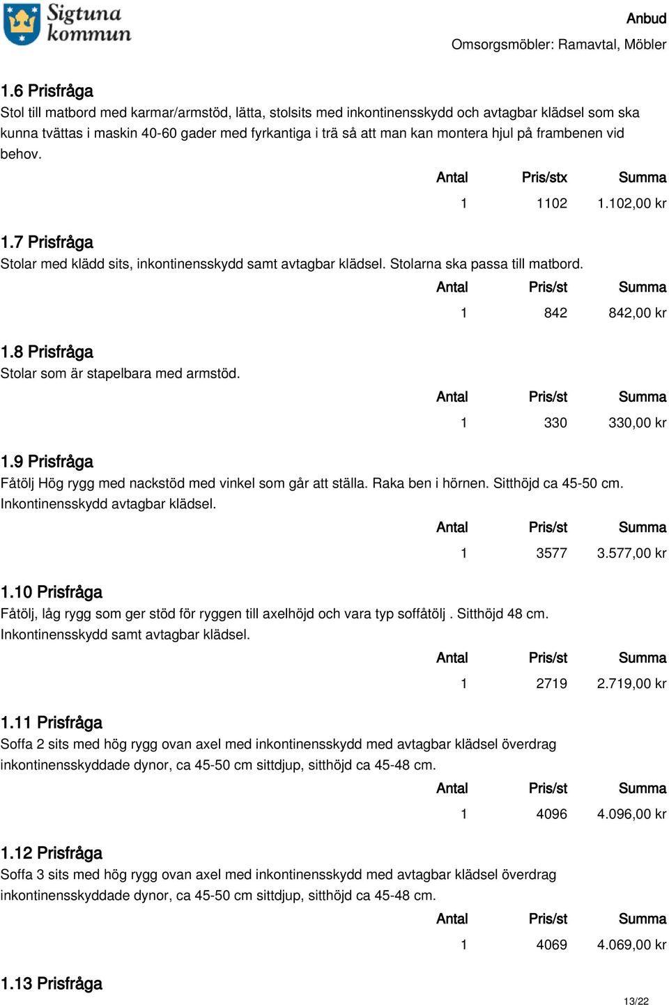 8 Prisfråga Stolar som är stapelbara med armstöd. 1 330 330,00 kr 1.9 Prisfråga Fåtölj Hög rygg med nackstöd med vinkel som går att ställa. Raka ben i hörnen. Sitthöjd ca 45-50 cm.