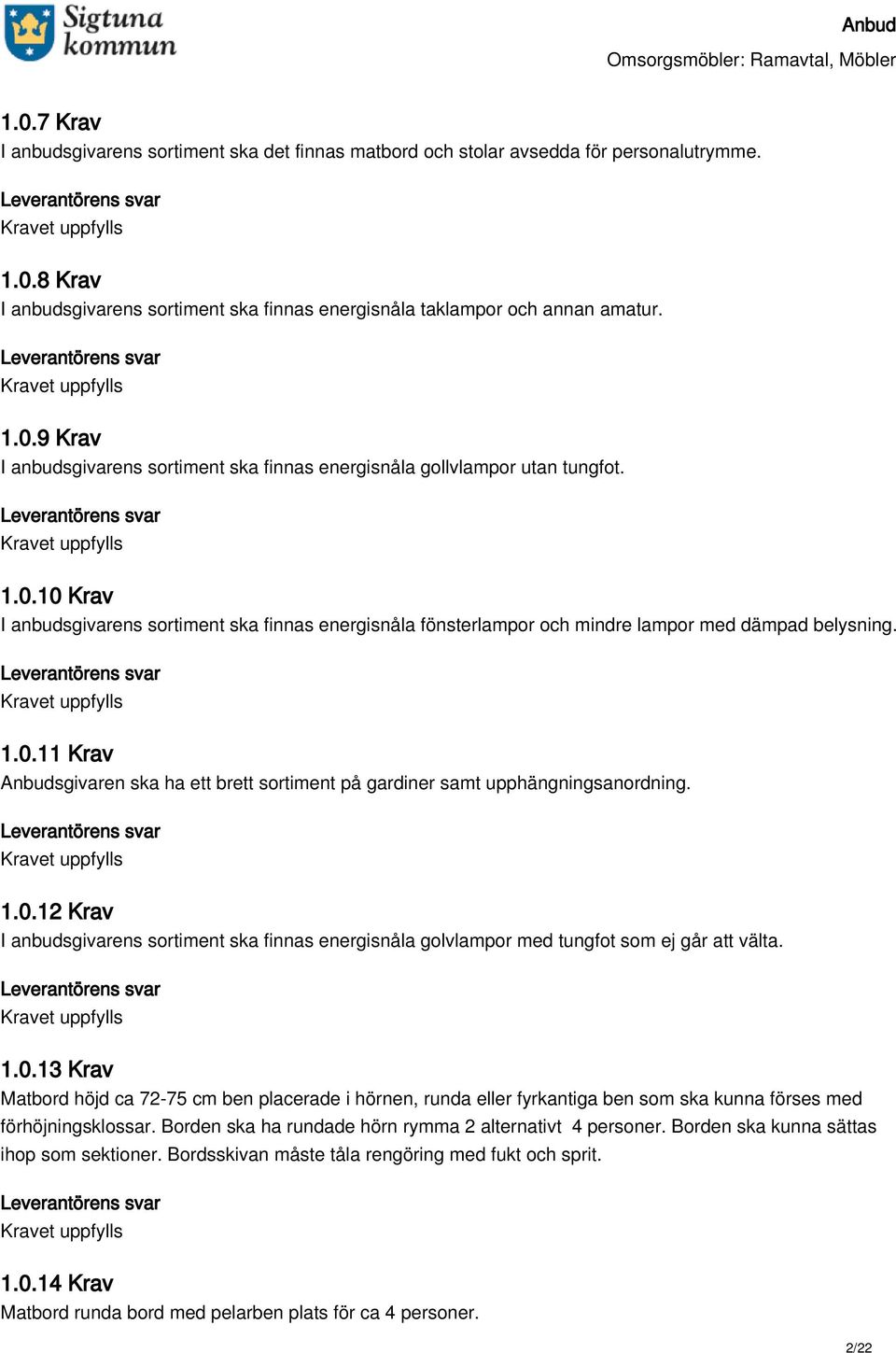 1.0.12 Krav I anbudsgivarens sortiment ska finnas energisnåla golvlampor med tungfot som ej går att välta. 1.0.13 Krav Matbord höjd ca 72-75 cm ben placerade i hörnen, runda eller fyrkantiga ben som ska kunna förses med förhöjningsklossar.