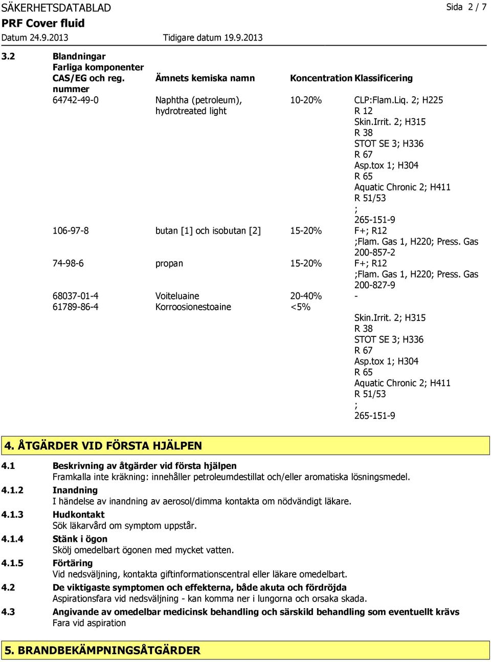 tox 1; H304 R 65 Aquatic Chronic 2; H411 R 51/53 ; 2651519 106978 butan [1] och isobutan [2] 1520% F+; R12 ;Flam. Gas 1, H220; Press.