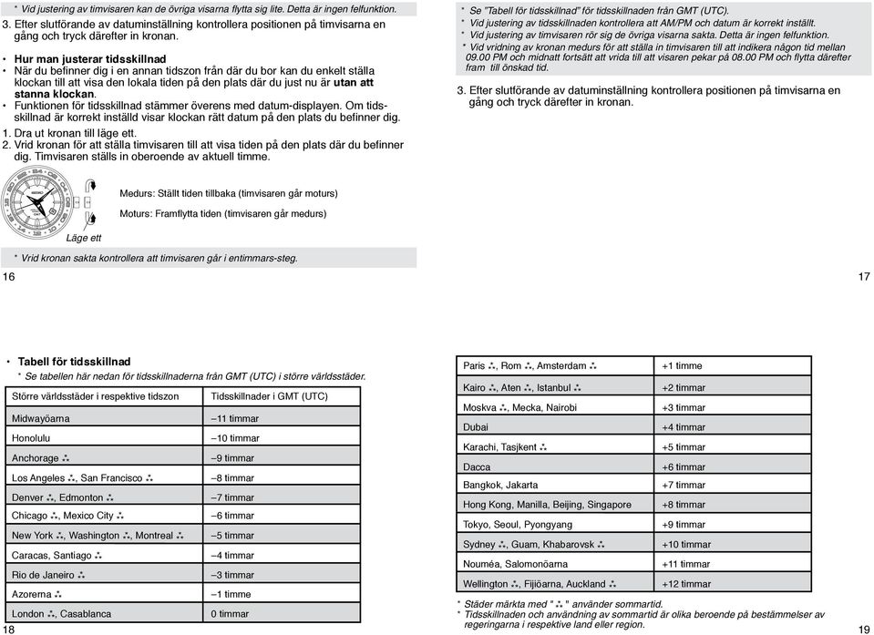 Hur man justerar tidsskillnad När du befinner dig i en annan tidszon från där du bor kan du enkelt ställa klockan till att visa den lokala tiden på den plats där du just nu är utan att stanna klockan.