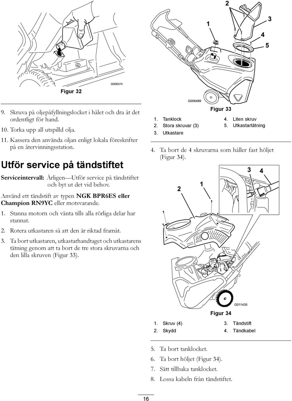 Figur 33 1. Tanklock 4. Liten skruv 2. Stora skruvar (3) 5. Utkastartätning 3. Utkastare 4. Ta bort de 4 skruvarna som håller fast höljet (Figur 34).