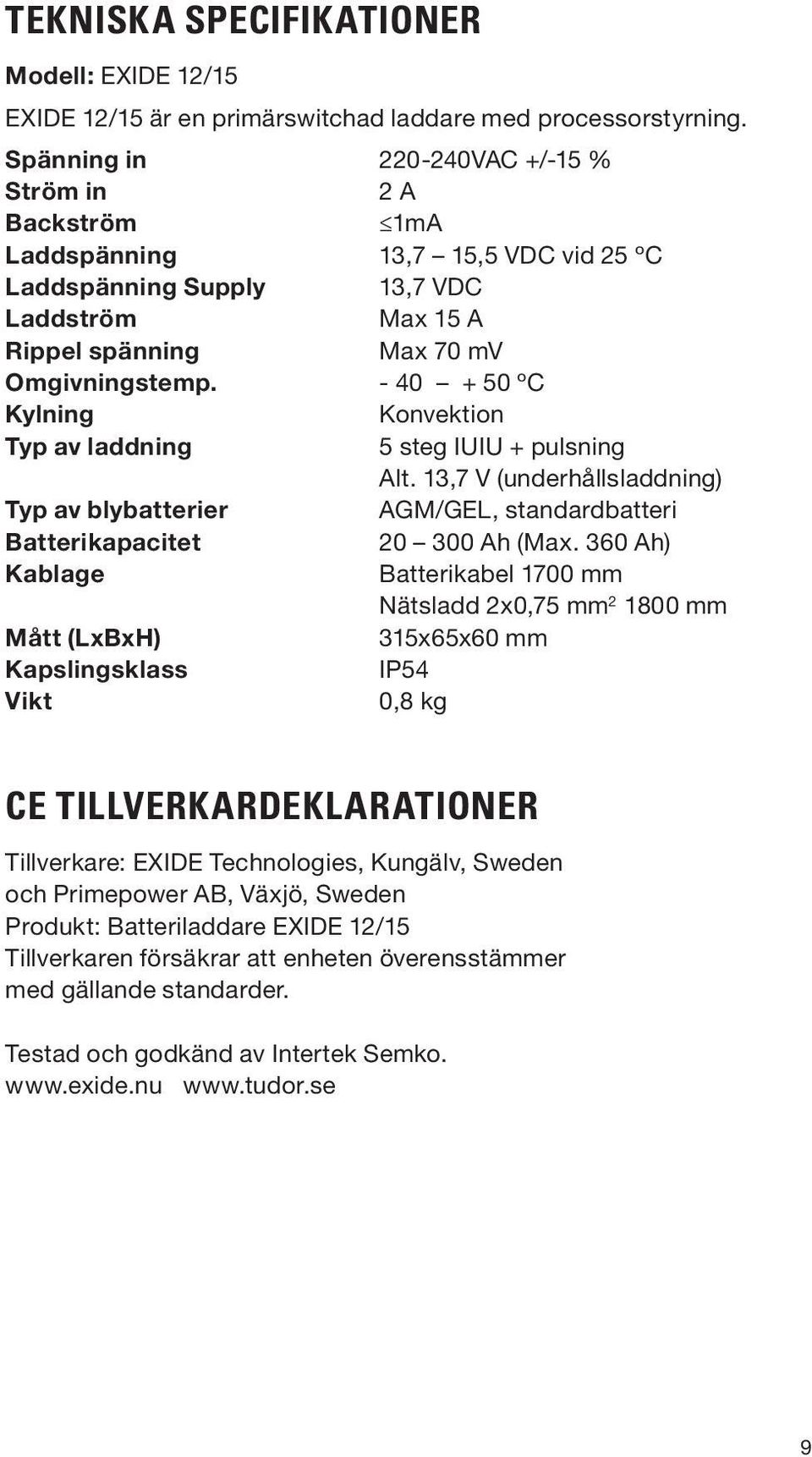 40 + 50 ºC Kylning Konvektion Typ av laddning 5 steg IUIU + pulsning Alt. 13,7 V (underhållsladdning) Typ av blybatterier AGM/GEL, standardbatteri Batterikapacitet 20 300 Ah (Max.