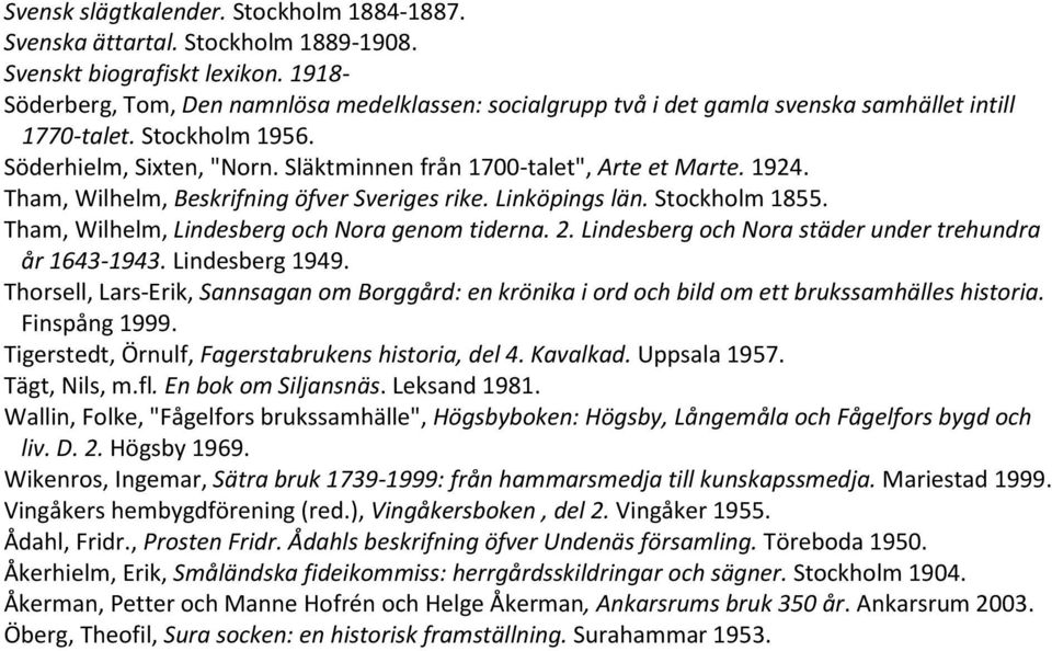 Släktminnen från 1700-talet", Arte et Marte. 1924. Tham, Wilhelm, Beskrifning öfver Sveriges rike. Linköpings län. Stockholm 1855. Tham, Wilhelm, Lindesberg och Nora genom tiderna. 2.