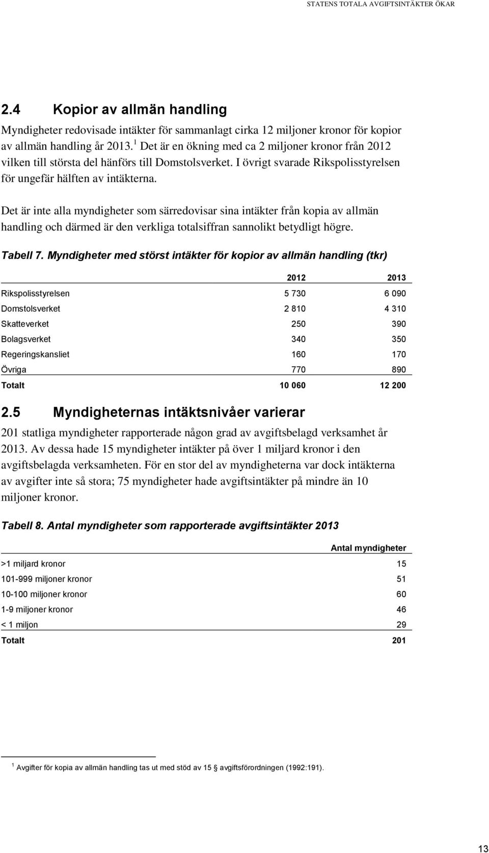 Det är inte alla myndigheter som särredovisar sina intäkter från kopia av allmän handling och därmed är den verkliga totalsiffran sannolikt betydligt högre. Tabell 7.