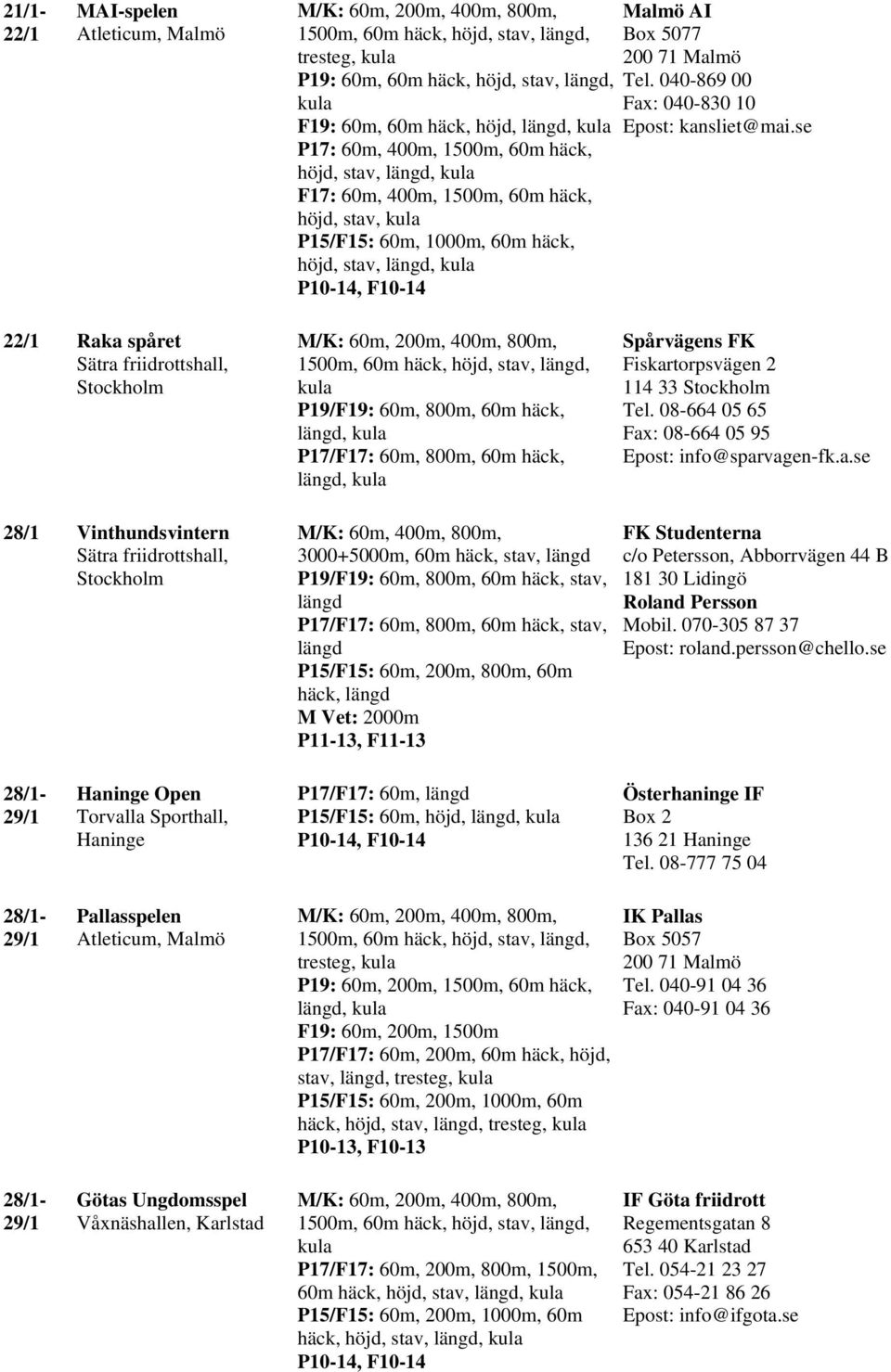 se P17: 60m, 400m, 1500m, 60m häck, höjd, stav, längd, F17: 60m, 400m, 1500m, 60m häck, höjd, stav, P15/F15: 60m, 1000m, 60m häck, höjd, stav, längd, 22/1 Raka spåret P19/F19: 60m, 800m, 60m häck,