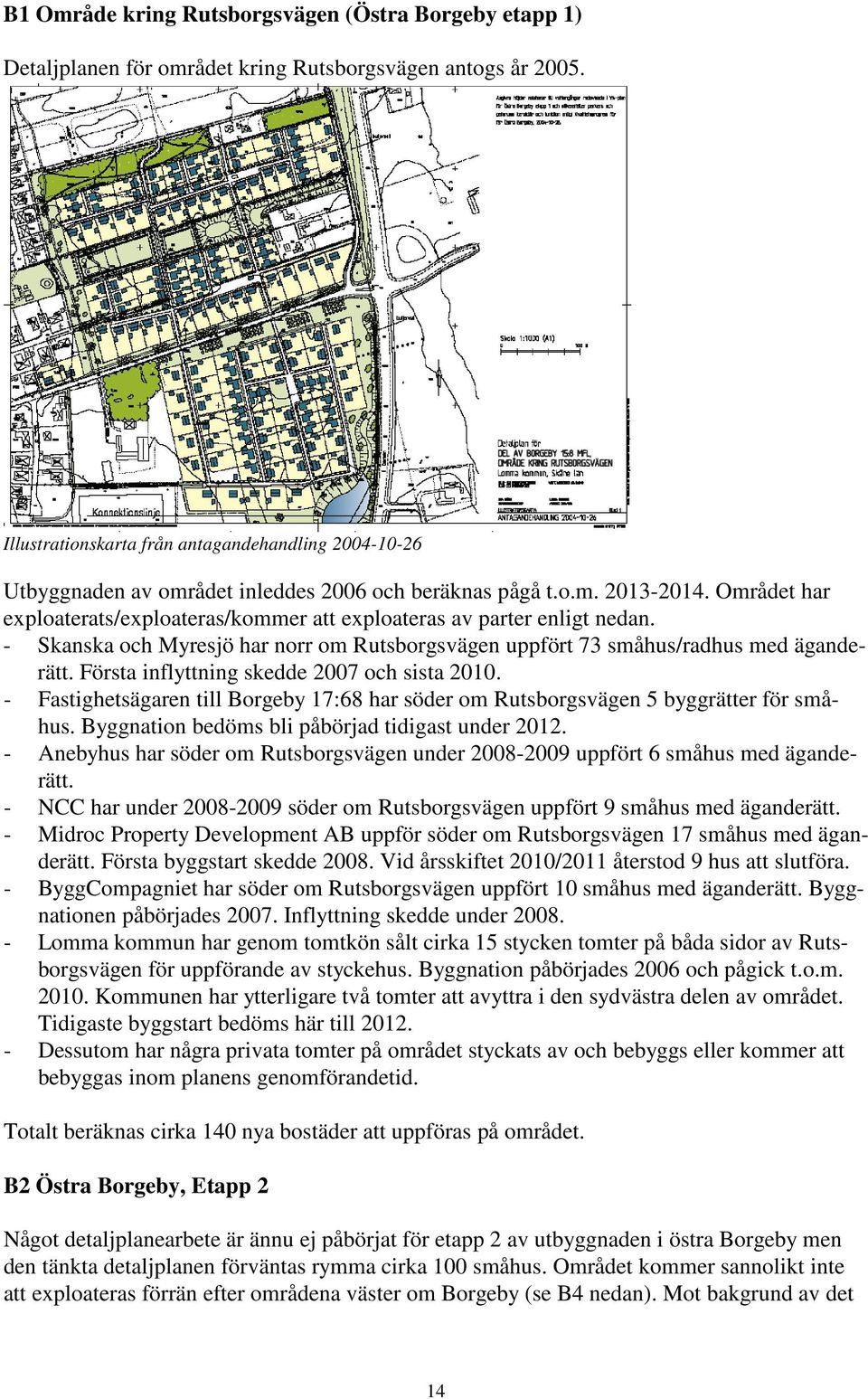 Området har exploaterats/exploateras/kommer att exploateras av parter enligt nedan. - Skanska och Myresjö har norr om Rutsborgsvägen uppfört 73 småhus/radhus med äganderätt.