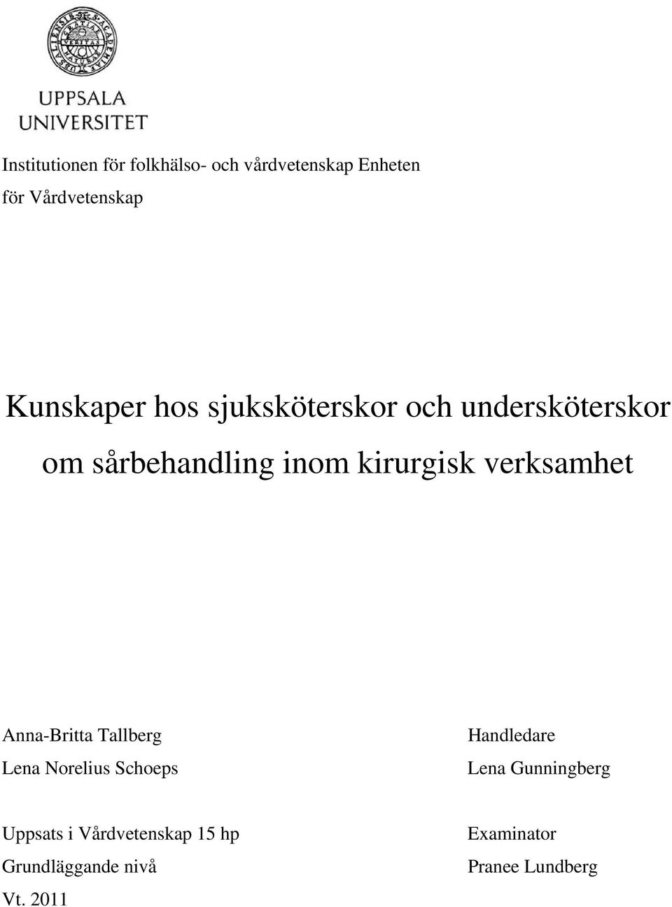 kirurgisk verksamhet Anna-Britta Tallberg Lena Norelius Schoeps Handledare Lena