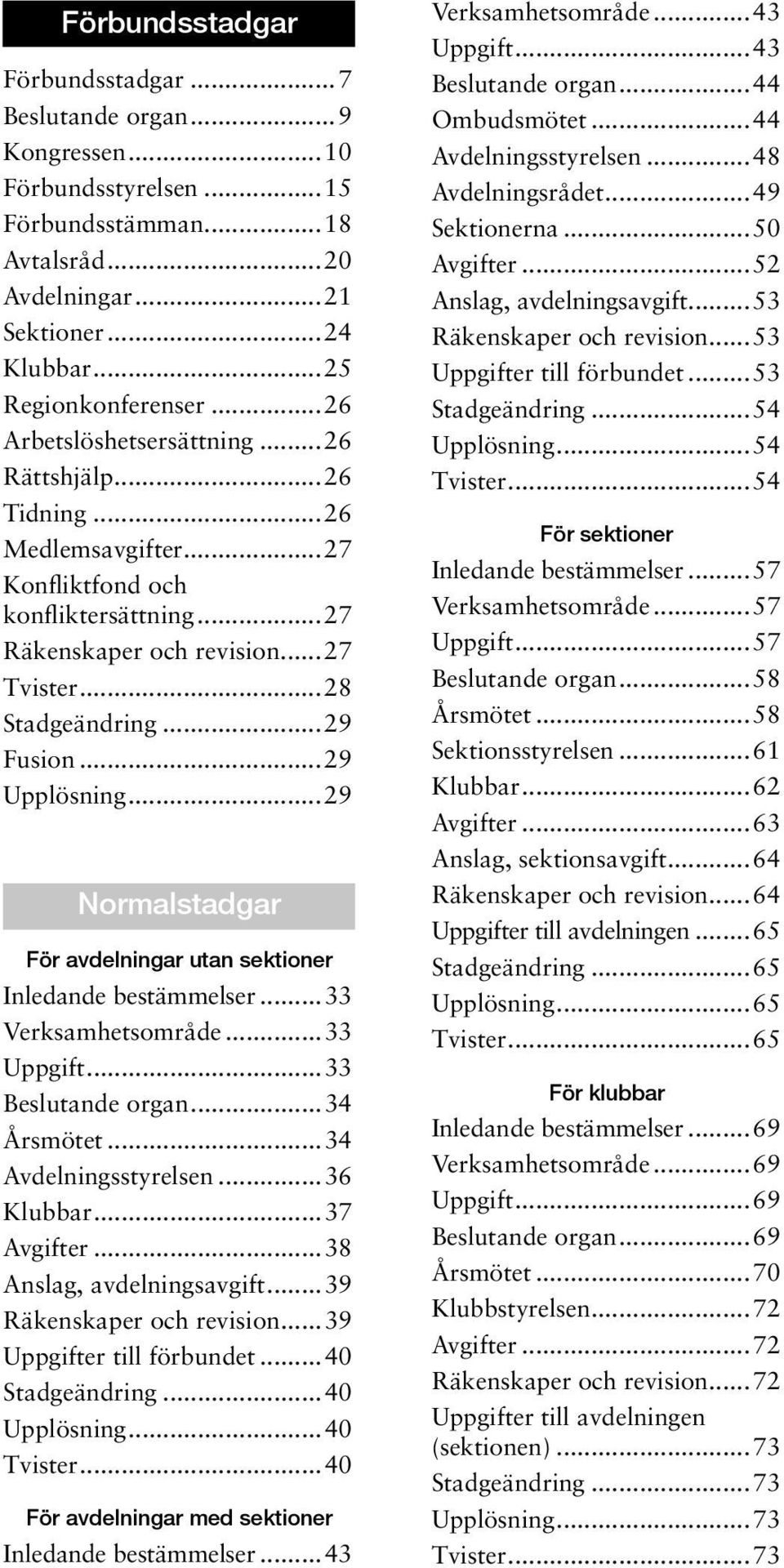 ..29 Upplösning...29 Normalstadgar För avdelningar utan sektioner Inledande bestämmelser...33 Verksamhetsområde...33 Uppgift...33 Beslutande organ...34 Årsmötet...34 Avdelningsstyrelsen...36 Klubbar.