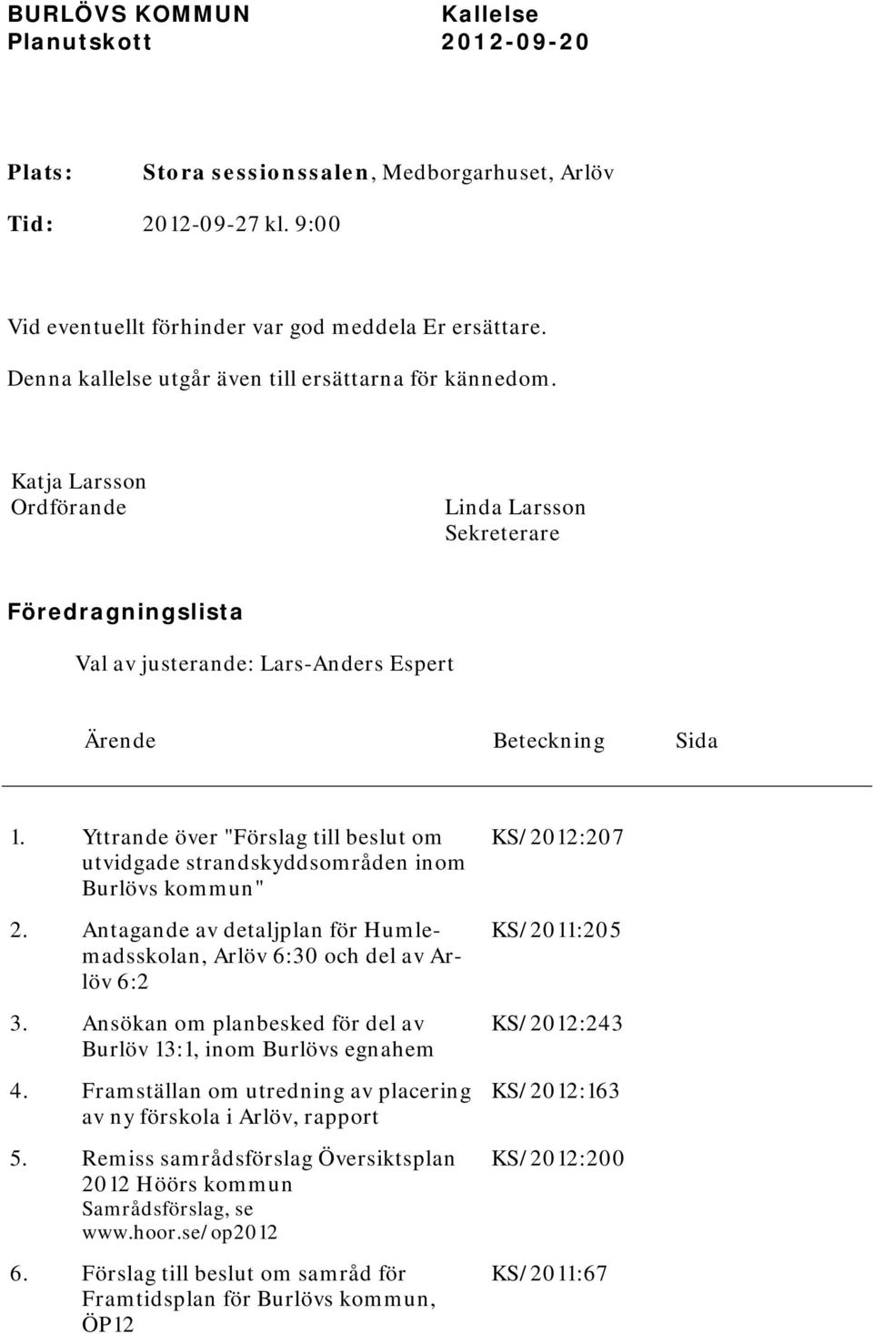 Yttrande över " om utvidgade strandskyddsområden inom Burlövs kommun" 2. Antagande av detaljplan för Humlemadsskolan, Arlöv 6:30 och del av Arlöv 6:2 3.