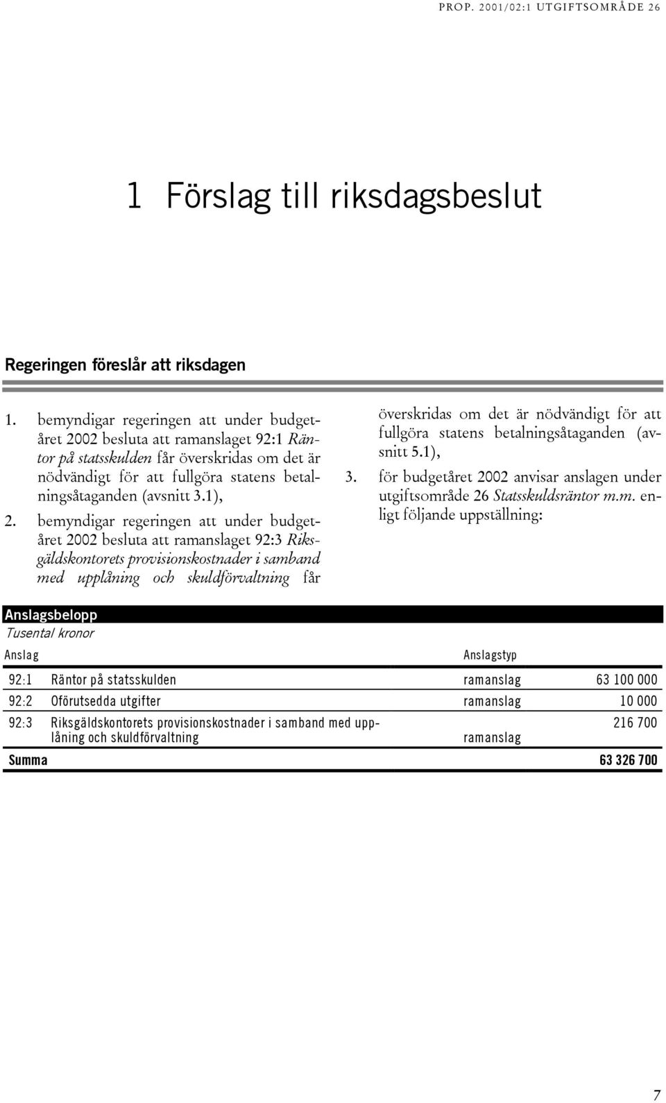 bemyndigar regeringen att under budgetåret 2002 besluta att ramanslaget 92:3 Riksgäldskontorets provisionskostnader i samband med upplåning och skuldförvaltning får överskridas om det är nödvändigt